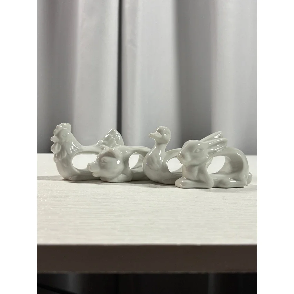 Vintage White Porcelain Farm Animal Napkin Rings Set of 4 Japan S0085